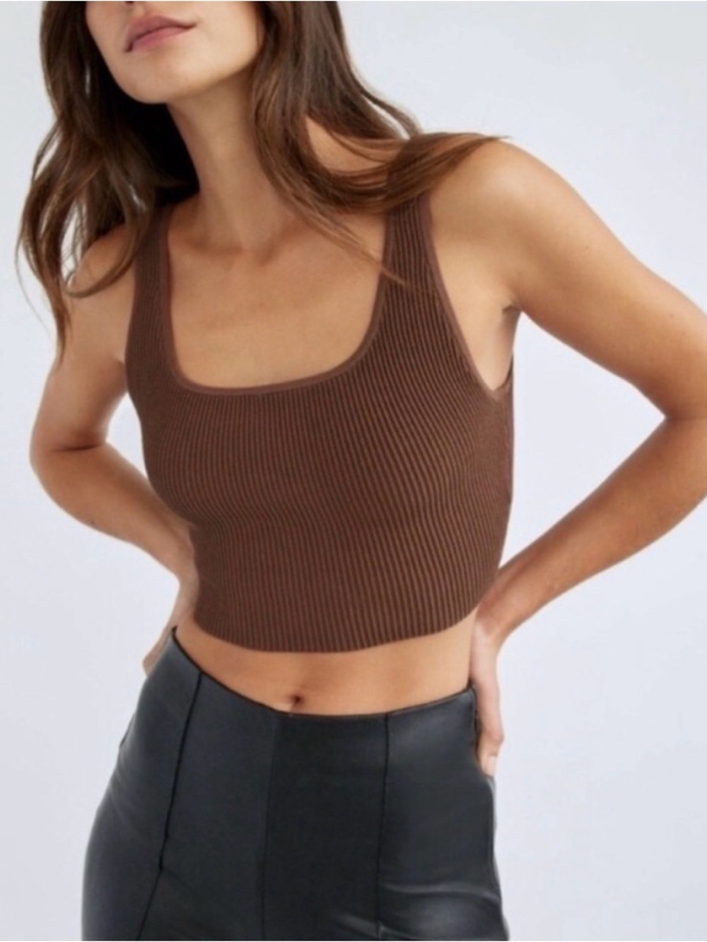 Aritzia Babaton Sculpt Knit Squareneck Cropped Tank - Brown - XL